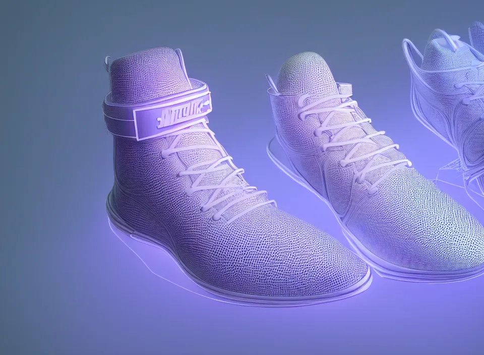 Image similar to realistic 3 d render of a futuristic sneaker, beautiful studio lighting, soft, sharp focus, neon glowing lines, intricate detail, purple and blue leather, soft white rubber, shiny plastic, hexagon mesh, gold filigree, octane render, side view, close up, trending on artstation, deviantart, nike, reebok, salomon