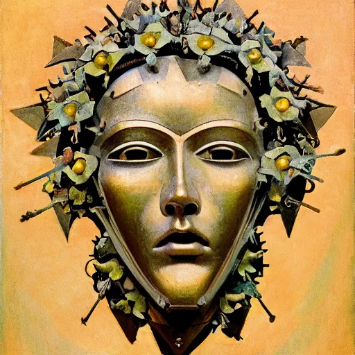 Image similar to head of a beautiful boy wearing a mask made of metal flowers, by annie swynnerton and nicholas roerich and jean delville and john watkiss, art deco shaman, stylized geometric flowers, art brut, symbolist, dramatic lighting, god rays, iridescent beetles, clean crisp graphics, smooth sharp focus, extremely detailed, adolf wolfli