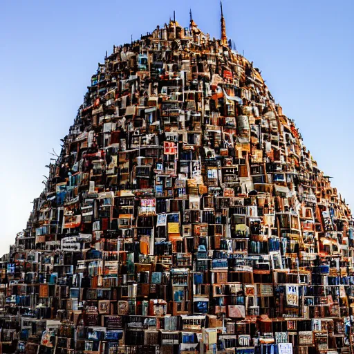 Prompt: the tower of babel made of books, knowledge, wide angle lens