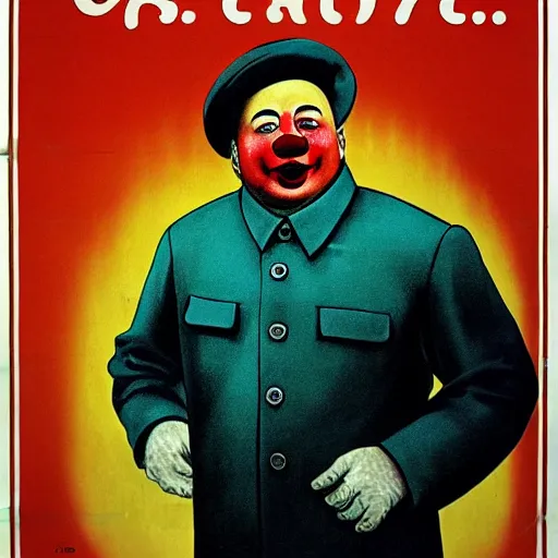 Prompt: communist clown portrait, soviet propaganda style, poster, mao