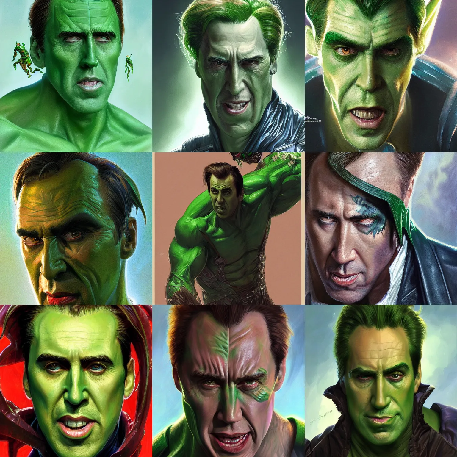 Prompt: portrait of Nicholas Cage as Marvel's Green Goblin, accurate, intricate, headshot, highly detailed, digital painting, artstation, concept art, sharp focus, illustration, art by artgerm and greg rutkowski and alphonse mucha