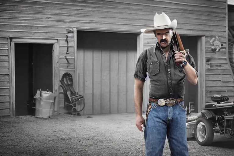 Image similar to film still of the main character cowboy standing holding a pistol in the garage scene in an action movie posing for the camera 2 0 2 0, 4 k wild west