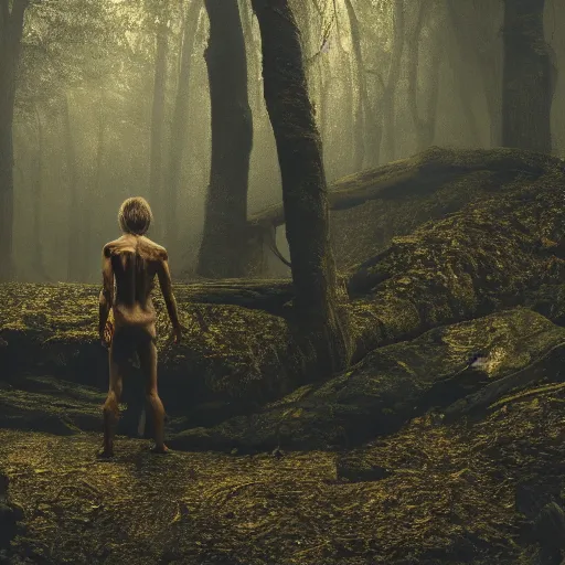 Prompt: Gollum wearing gold rings and Gollum wearing gold chains and Gollum wearing gold medallions in a dark forest, cinematic, foggy atmosphere, photograph