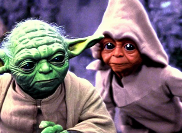 Image similar to a film still of yoda as an oompa loompa inwilly wonka and the chocolate factory 1 9 7 1