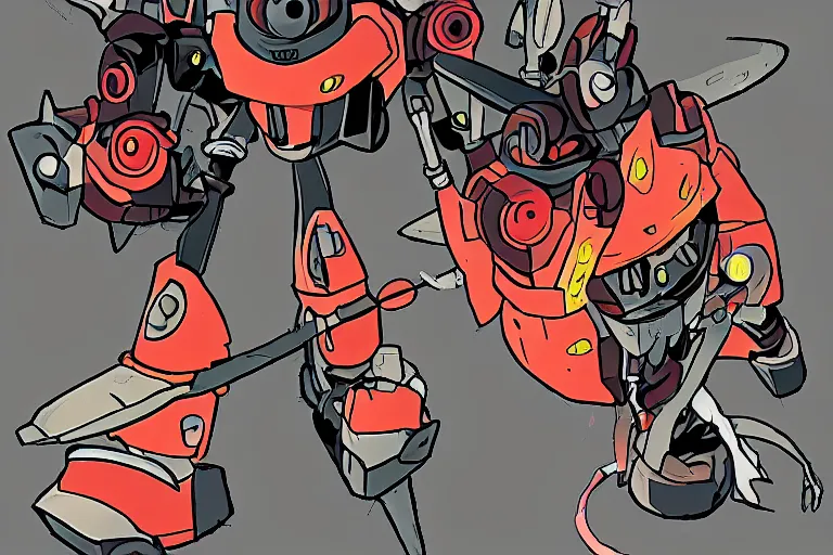 Image similar to demonic robot, in the style of FLCL (2000)