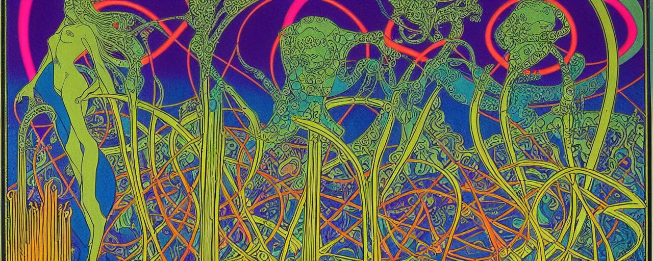 Prompt: 1968 psychedelic, tarot cards, cut out collage, neon Greek, dusk on Jupiter, epic theater, deep jungle texture, aquatic plants, Jugendstil drawings, in part by Alex Grey, part by Moebius, composition William S Boroughs, written by H. P. Lovecraft