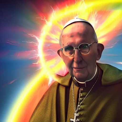 Prompt: Pope John Paul 2 rips fat bong during Arctic bloody sunset, eteric rainbow blazingly glowing fireballs flying around him in circles, high quality, digital painting, high detail, dynamic pose, octane render, hyper realism, cinematic