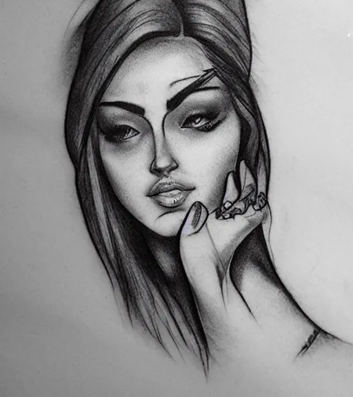 Prompt: amazing blend effect of beautiful mountain scenery with a beautiful woman face, tattoo design sketch, hyper - realistic, in the style of matteo pasqualin, amazing detail, black and white, abstract