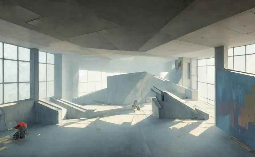 Image similar to painting of interior shot of a white concerete brutalist museum with modern contemporary abstract art on the wall by darek zabrocki and greg ruthkowski, alphonse mucha, simon stalenhag and cinematic and blue cold atmospheric, archillect concept art, artstation, trending on artstation