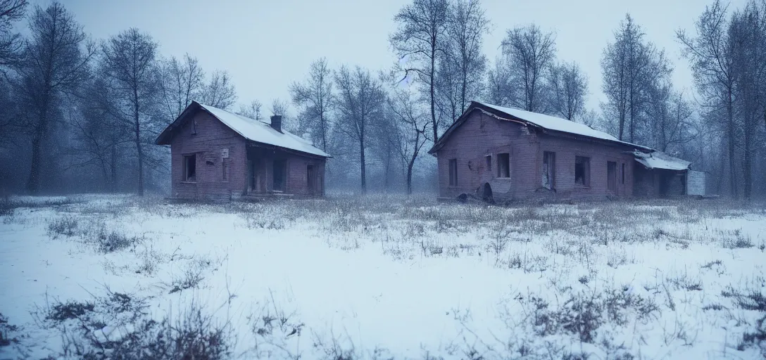 Prompt: landscape, soviet military, abandoned, lifeless, house near forest, dark, winter evening, snowing, strong, blizzard, atmospheric, mystical, very detailed 4 k