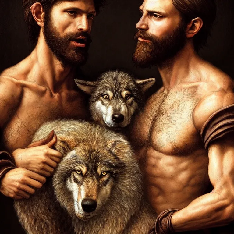 Image similar to renaissance painting full body portrait of a gruff ranger and his wolf, lean and toned, handsome face, hairy chest and hairy body, D&D, intricate, elegant, highly detailed, digital painting, artstation, concept art, matte, sharp focus, chiaroscuro, well list, illustration, art by Da Vinci, Artgerm and Greg Rutkowski and Alphonse Mucha