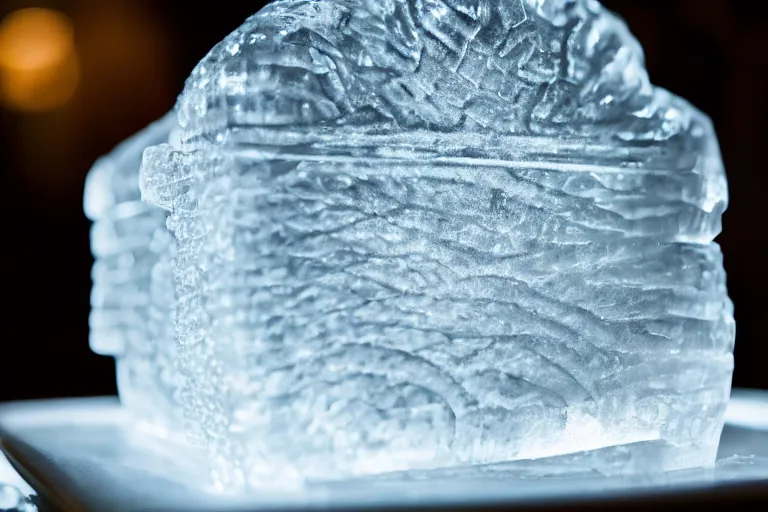 Image similar to a clear ice sculpture of a burger made entirely of ice, 4 k