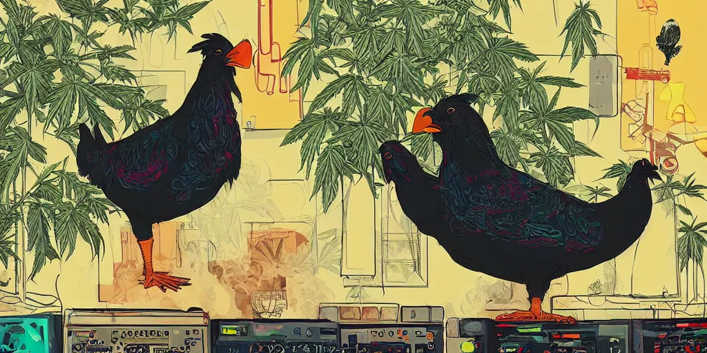 Image similar to 'black chicken!!!' smoking 'cannabis!!!!!!' in front of 'multi monitors'!!!!!! broadcasting studio, artwork by James Gilleard