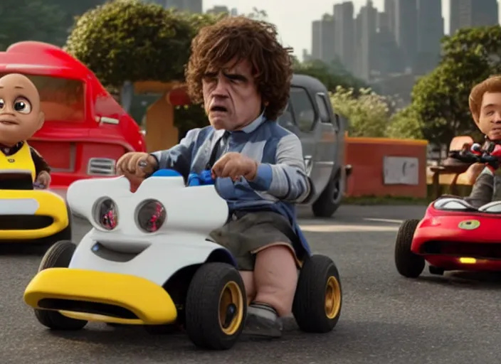 Image similar to peter dinklage racing gary coleman driving a little tikes cars, movie still, from the new fast and furious movie, 8 k, realistic