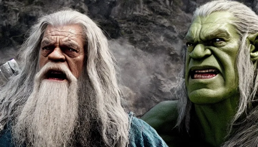 Prompt: the hulk starring as gandalf in lord of the rings, staff, white beard,, cnn news footage.