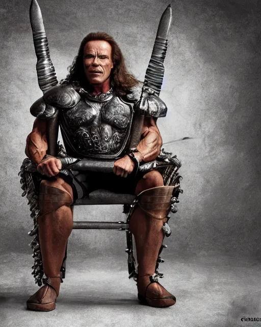 Image similar to arnold schwarzenegger as king conan, directed by john millius, photorealistic, sitting on a metal throne, wearing ancient cimmerian armor, a battle axe to his side, cinematic photoshoot in the style of annie leibovitz, studio lighting