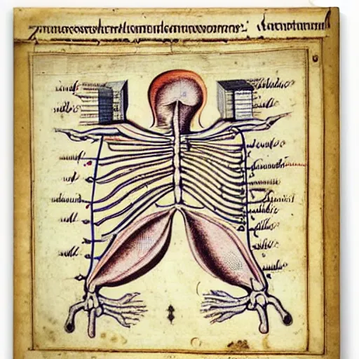 Image similar to anatomical diagram of a laptop, by maria sibylla merian, medieval manuscript page
