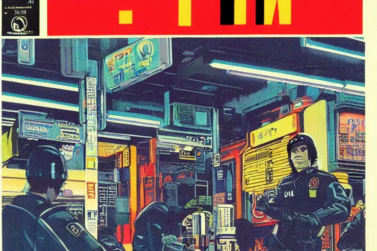 Image similar to 1979 OMNI Magazine Cover of a police stopping a downtown convenience store robbery in neo-Tokyo in cyberpunk style by Vincent Di Fate