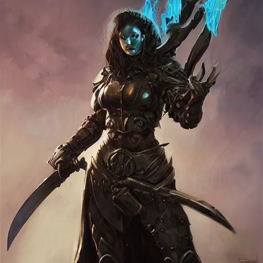 Prompt: A full portrait of a beautiful armored berserker woman, with an oversize Gothic sword, by Frank Frazetta, Greg Rutkowski, Boris Vallejo, epic fantasy character art, Exquisite detail, post-processing, masterpiece, cinematic