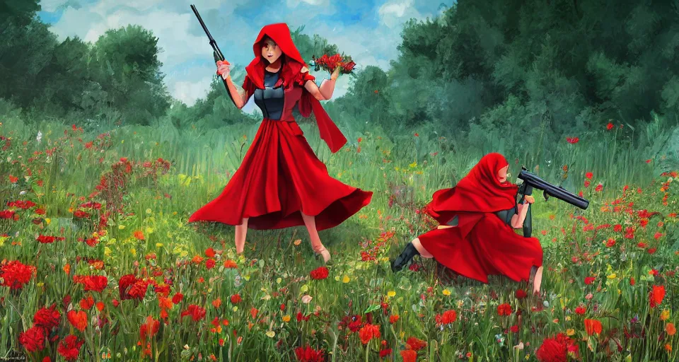 Image similar to Red Riding Hood fighting off the Big Bad Wolf with a rifle in a field of flowers, digital painting, detailed