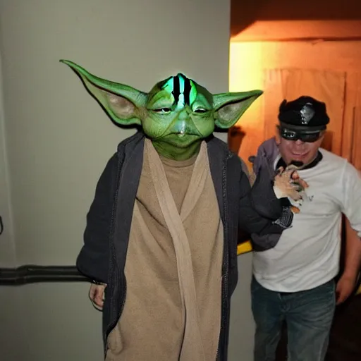 Prompt: drunk yoda being arrested