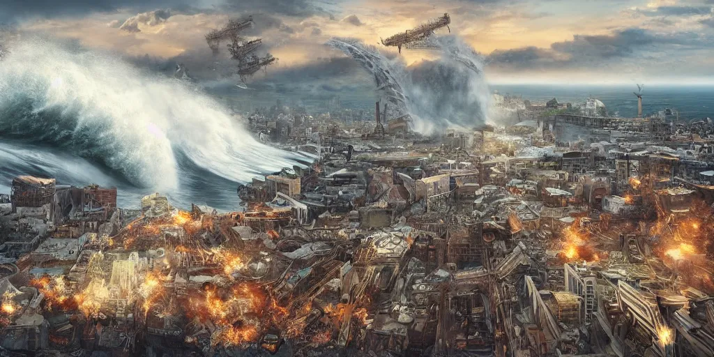 Prompt: tsunami wave crashing into steampunk city skyline, aerial view, cinematic wide shot, very detailed, realistic painting