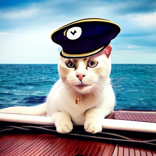 Prompt: cat wearing a captain's hat on a sail boat