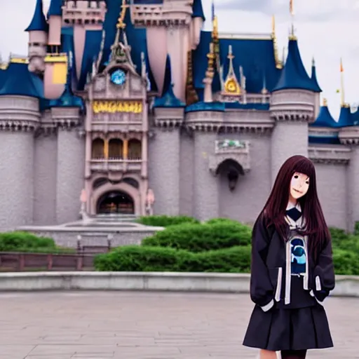 Image similar to menhera - chan, anime girl with long brown hair and black hoodie, posting in front of the wdw castle, kyoani, kyoto animation, key visual