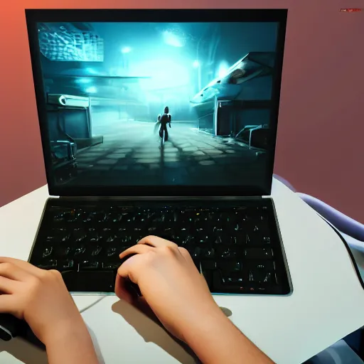 Image similar to realistic teenager using laptop in super tech room, artstation trends, concept art, highly detailed, intricate, sharp focus, digital art, 8 k