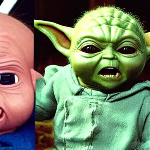 Prompt: baby yoda and screaming chucky doll
