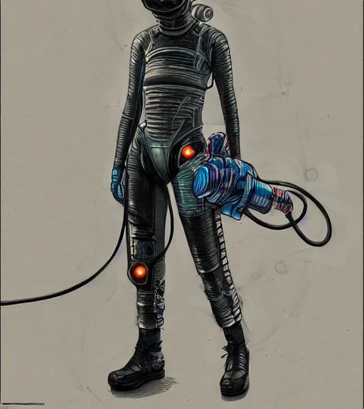 Image similar to realistic cyberpunk japanese engineer with long limbs and a black spacesuit welding, techwear, dead space, visible face, Industrial Scifi, detailed illustration, character portrait, by Martin Grip and Moebius