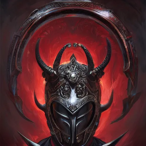 Prompt: An ornate front facing helm with large horns, Black steel with red trim, pulsing in blood red energy, intricate, elegant, highly detailed, digital painting, artstation, concept art, smooth, sharp focus, illustration, art by anato Finnstark and Peter mohrbacher,