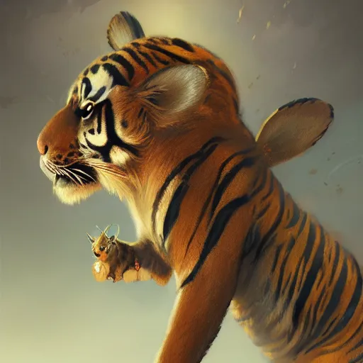 Image similar to a award winnimg commission portrait of a anthro tiger carrying a small cute bunny,digital art,art by greg rutkowski,character design by charles bowater,professional character design,ross tran,artstation,deviantart,photorealistic,detailed face,hyperdetailed,4k