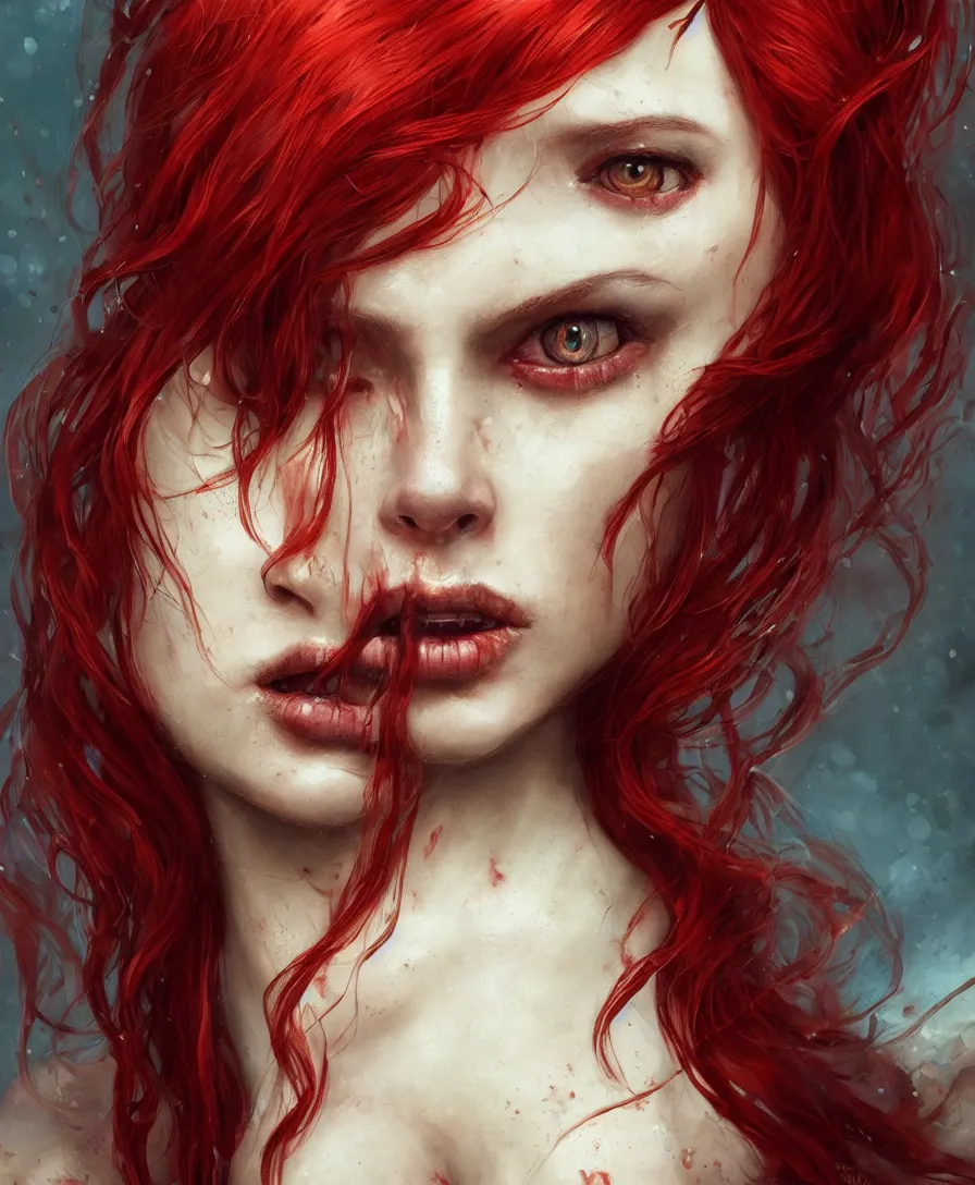 Image similar to Hyperrealistic close-up portrait of zombie mermaid young woman with red hair, alone, D&D, fantasy, intricate, elegant, highly detailed, digital painting, trending artstation, concept art, smooth, sharp focus, illustration, art by Greg Rutkowski