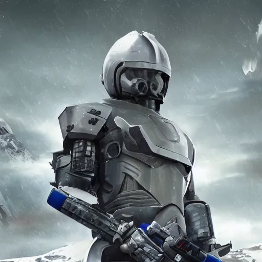 Image similar to photograph of an stern old man wearing futuristic gray heavy exosuit armor with navy blue detailing holding a white plastoid shield in his left hand and a blaster in his right hand. in the background there is a scifi battle taking place with trenches and force - field generator trucks and laser machineguns on a rolling green plains with snowcapped mountains in the distance. science fiction.