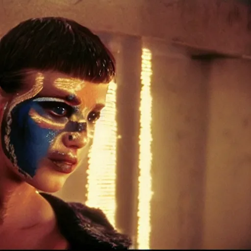 Prompt: cinematic portrait of a runaway replicant with tribal facepaint in an empty room, still from the movie bladerunner