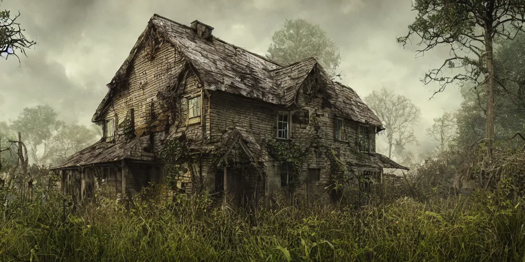 Image similar to photorealistic ruined cottage, overgrown vegetation, apocalypse, shadowy creatures, hyperrealistic, grimdark, artstation