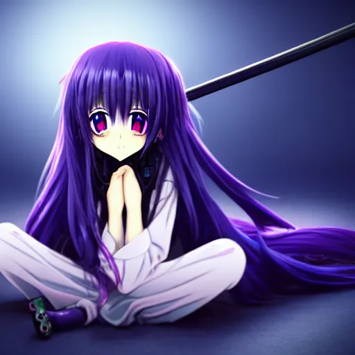 Image similar to A cute young real life 3D anime girl with long blueish violet hair, she is laying on her back, view from her feet, unique camera angle pointing at her face from her feet, wearing a black reaper hood with black pants, a bloody scythe is laying next to her foot, in a dark field, laying on her back, full body, dark and moody lighting, night time