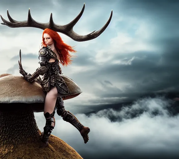 Image similar to a photo of an armored woman warrior redhead with antlers sitting on a giant mushroom that covers a whole village and reaches above the clouds by luis royo. intricate. lifelike. soft light. sony a 7 r iv 5 5 mm. cinematic post - processing