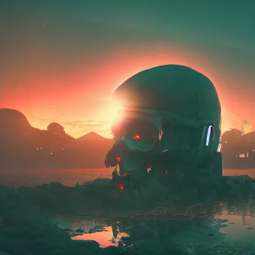 Image similar to beautiful dark bloody flooded landscape, giant robot with human skull, in the style of beeple and Mike Winkelmann, photo real, ultra realistic, intricate, epic lighting, 8k resolution, unreal engine 5, ultraviolet colors,