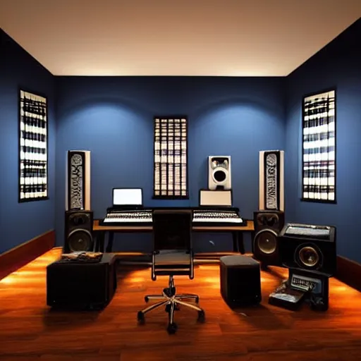 Prompt: a super cozy modern music studio at night with dark blue walls and ceiling leds, volumetric image beautiful composition