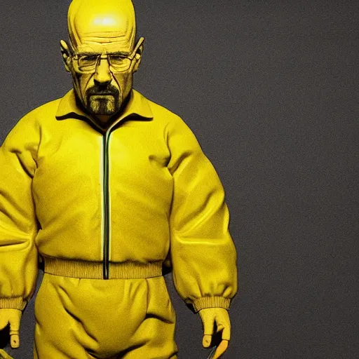 Image similar to multicolor 3 d render of walter white wearing yellow outfit by @ beeple _ crap in 4 k ultra high resolution, with depressive feeling