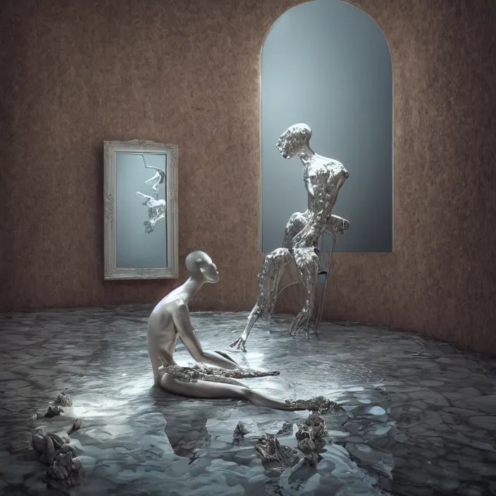 Image similar to hyperrealistic random objects in a surreal minimalistic dreamscape environment by salvador dali, enormous melting mannequin head statue, highly detailed, 3 d render, vray, octane, beautiful lighting, photorealistic, intricate, elegant, wayne barlowe, water, mirrors, doorway, beautiful, masterpiece, trending on artstation, artgerm, checkered floor