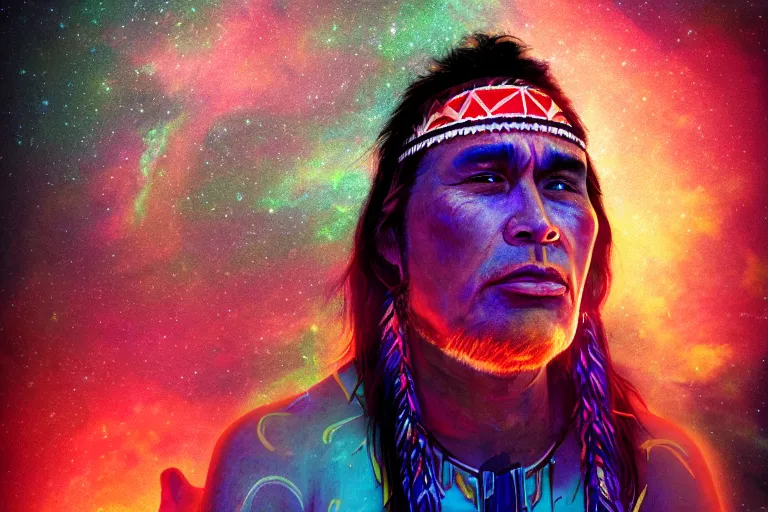 Prompt: photograph of a spiritual native american man looking up at the stars, art, universe, blender, pastel colors, synthwave, retro, cyberpunk,