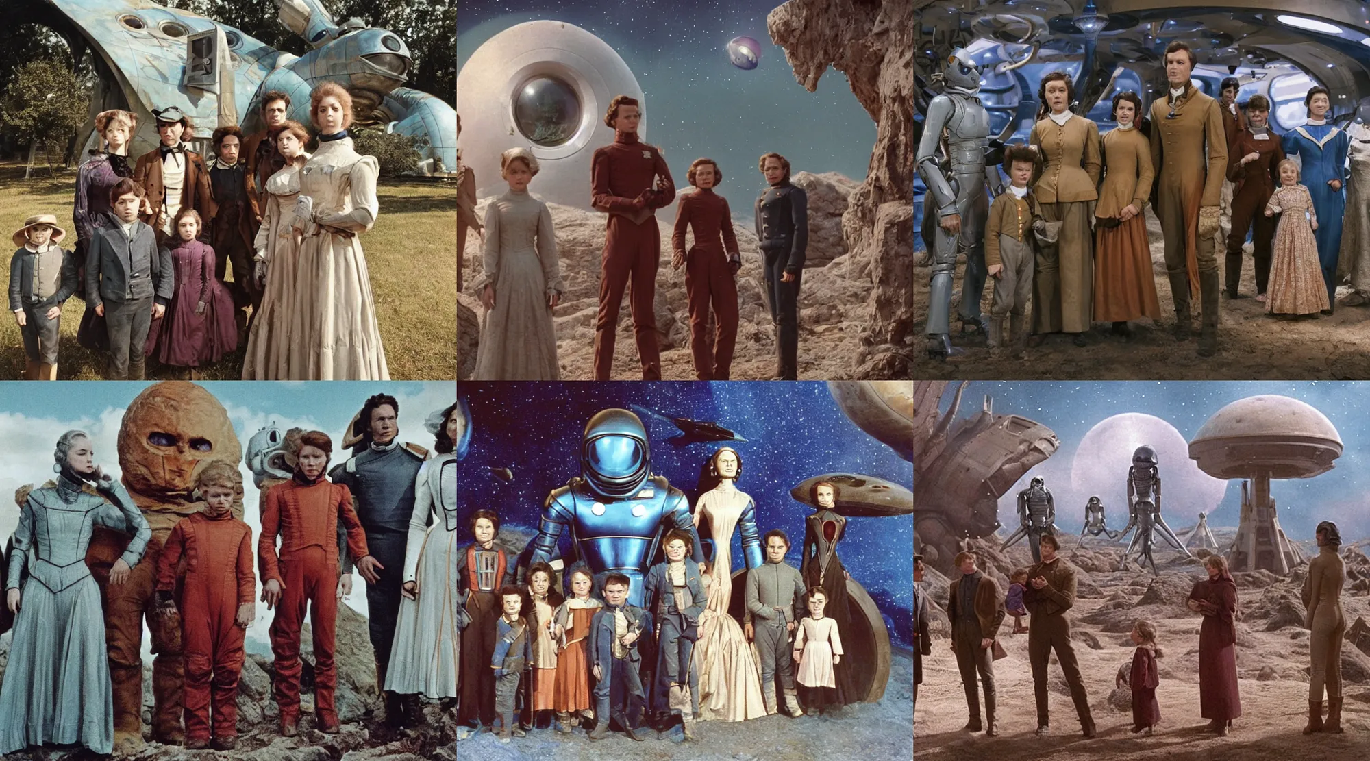 Prompt: 128k film still from a sci fi blockbuster color movie made in 2022, set in 1860, of a family standing in front of a spaceship that has just landed on an alien planet, a humanoid alien creature stands nearby, the family are all wearing 1850s era clothes, cinematic lighting, human faces, extremely good lighting, winner of seven oscars