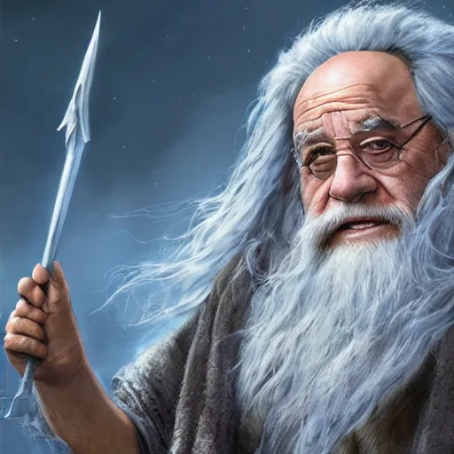 Image similar to Movie still of Danny Devito as Gandalf, fantasy, highly detailed, digital painting, artstation, concept art, sharp focus, illustration, art by Tony Sart and artgerm and randy vargas