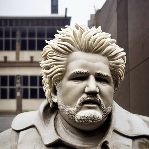 Prompt: A monumental marble sculpture of Guy Fieri, in the middle of a rainy courtyard,, natural overcast lighting, museum catalog photography, F 2.8, 85mm Velvia 100, high DOF