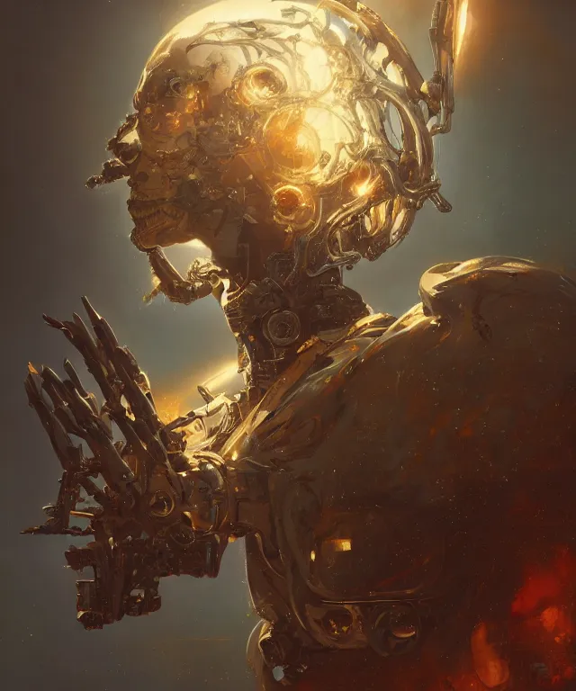 Image similar to a 4k cinematic full view ethereal android wearing an intricate mecha cyberpunk bone crown , Unreal Engine 5, God Rays, Lumen, by Peter Mohrbacher, by Ruan Jia, by Greg Rutkowski, by Leonardo Da Vinci, detailed and realistic, poetic and symbolic, rule of thirds, golden ratio, Trending on Artstation