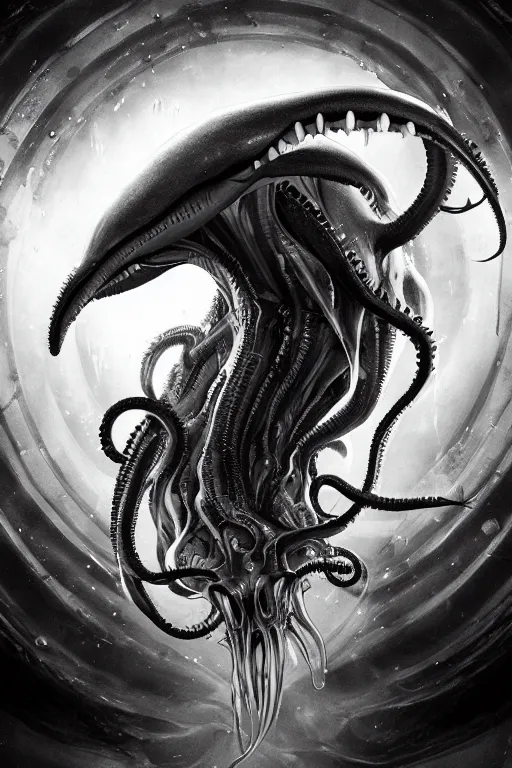 Prompt: black and white, underwater xenomorph alien mixed with sharks extra teeth, tentacles, highly detailed, digital painting, artstation, concept art, smooth, sharp focus, illustration, unreal engine 5, 8 k, art by carlos huante and greg rutkowski and alphonse mucha and ifbb pro fitness photograph