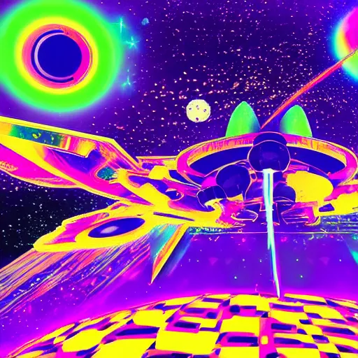 Image similar to space battle, psychedelic, vaporwave